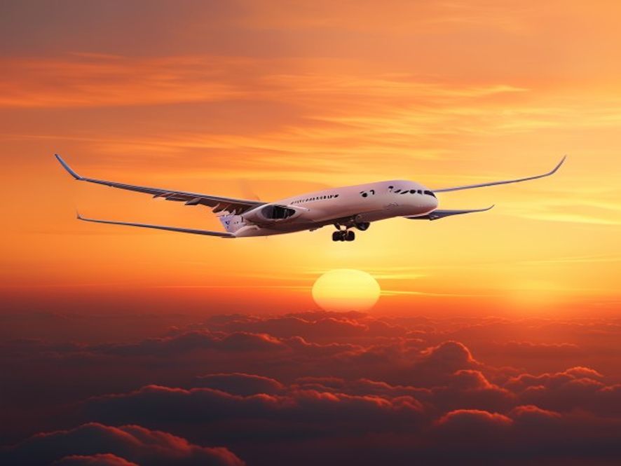 Airplane departing at sunset